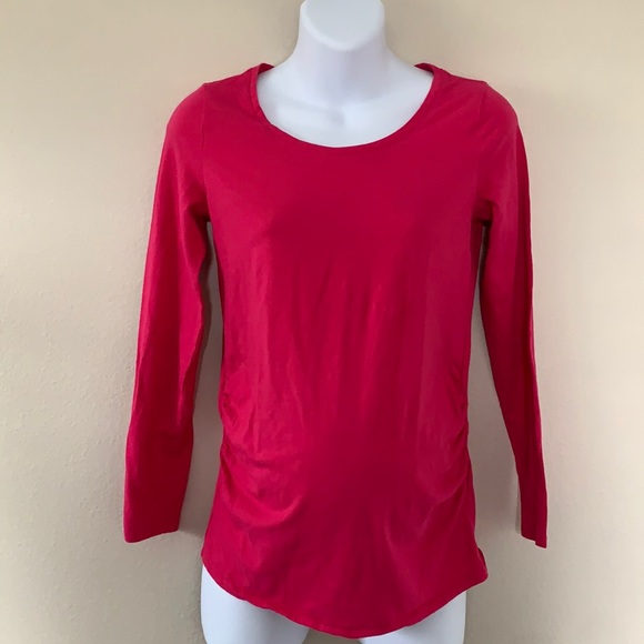 Bumpstart Fuschia Hot Pink Long Sleeve Scoop Neck Ruched T Shirt - Picture 1 of 6